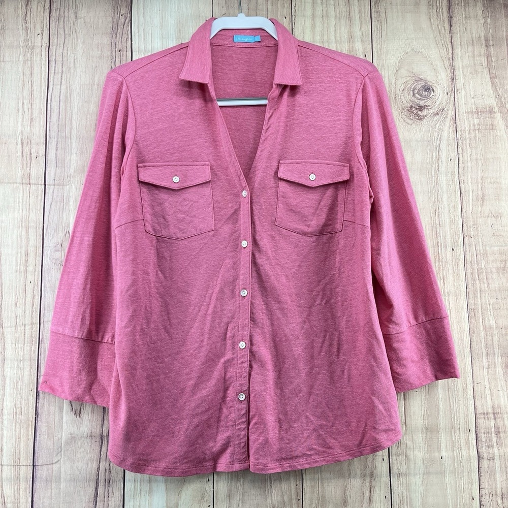 J Mclaughlin Solid Brynn Knit Linen Spandex Button Up Shirt Sz L Pink‎ Casual